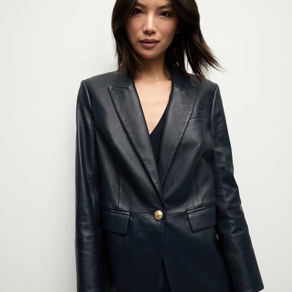 Veronica Beard Navy ‘Vega’ Lamb Leather Blazer with Gold Buttons Sz 2 $1498 Soft
